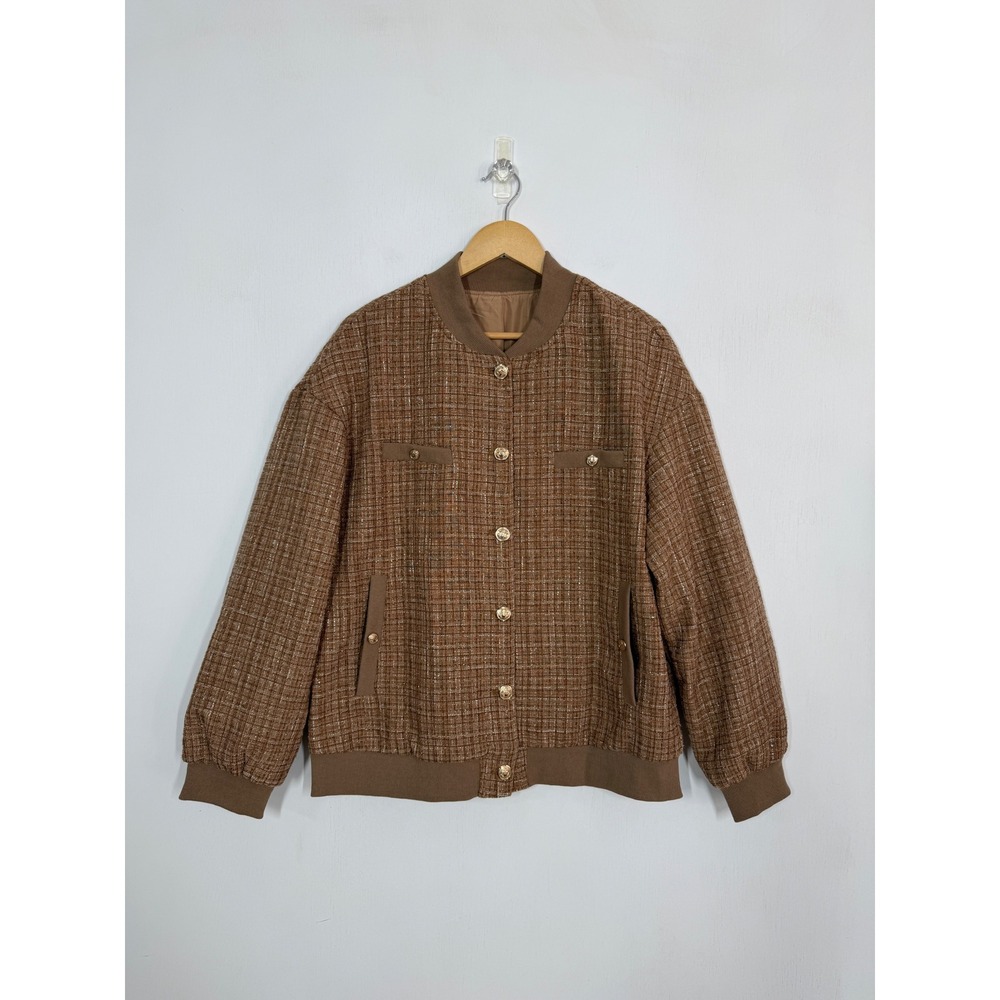 Tweed Bomber Jacket Women XL Brown Gold Button Academia Office Twee Casual